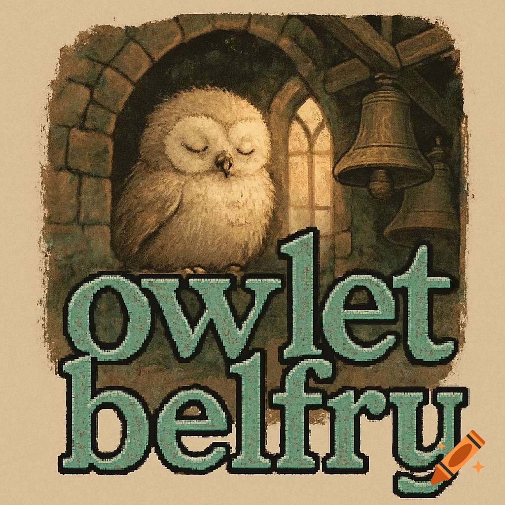 Stylized illustration of a sleeping owlet in a bell tower with 'owlet belfry' text.