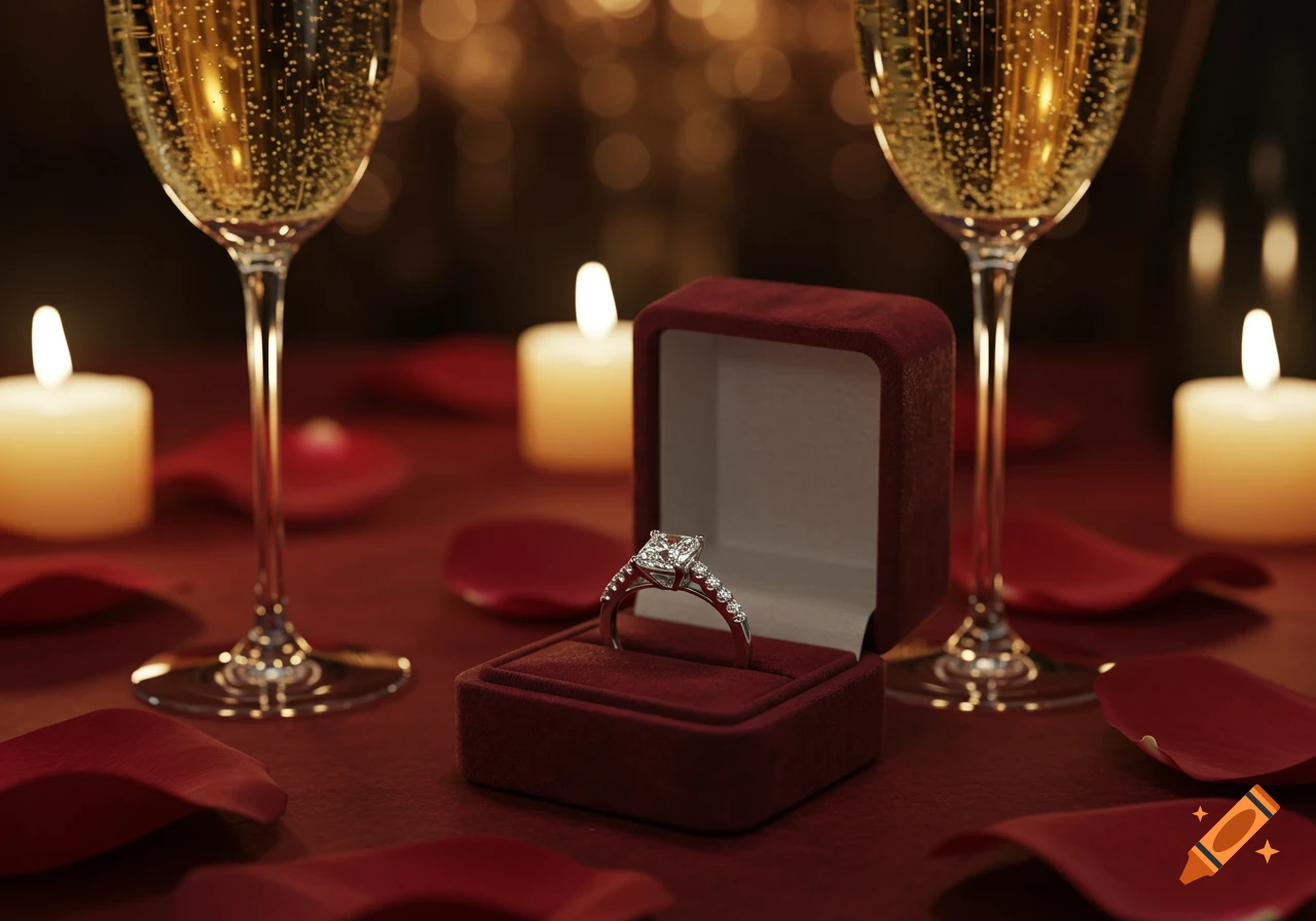 Princess cut diamond ring in red velvet box, with two champagne glasses, lit candles, and red rose petals on a table.