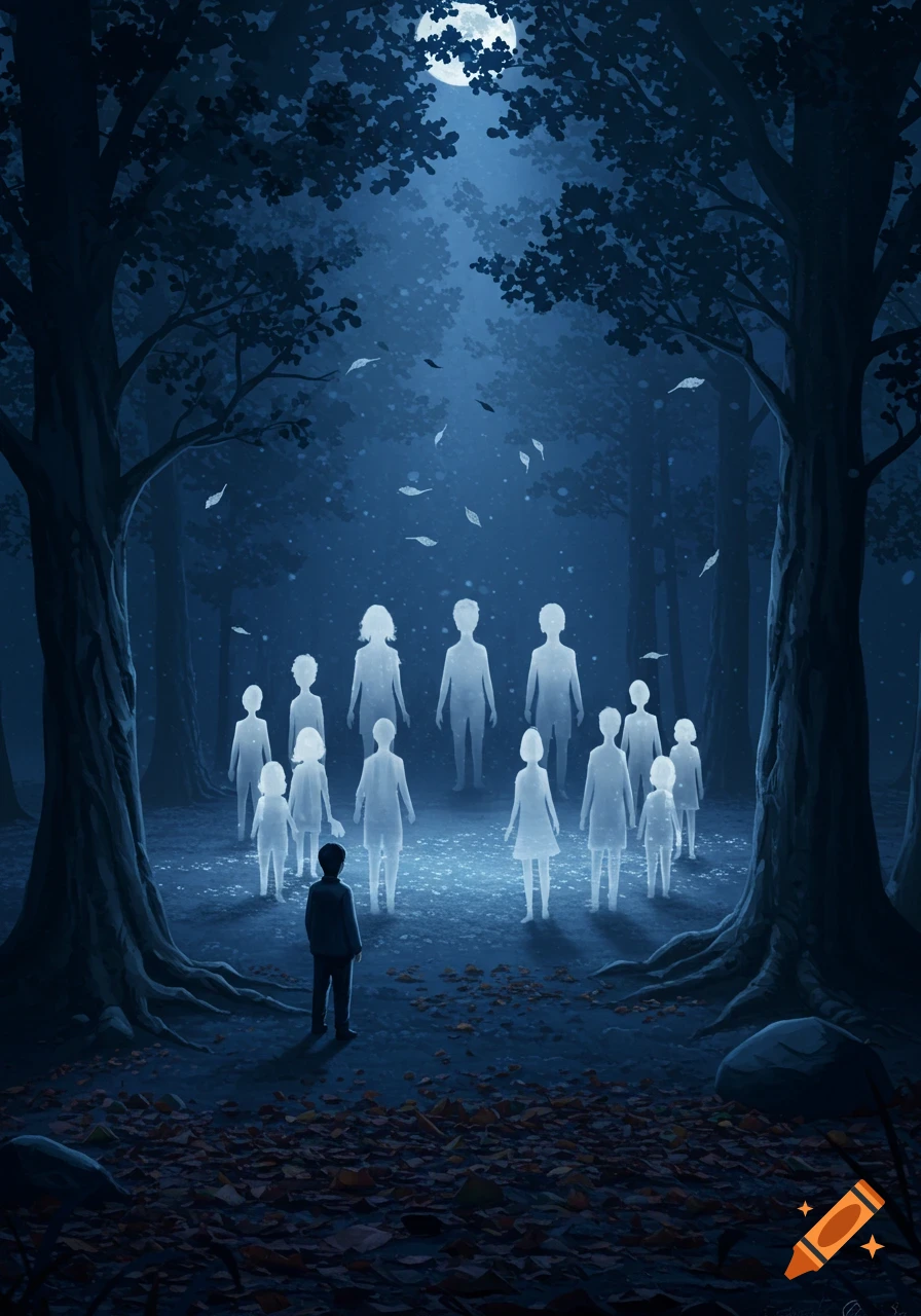 A young boy stands in a dark, moonlit forest, looking at a group of glowing, ethereal figures.
