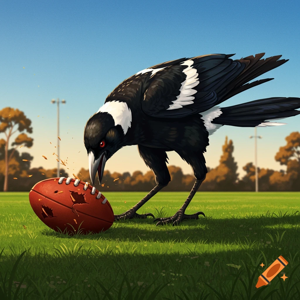 A stylized illustration of an angry magpie with red eyes pecking a damaged Australian Rules football on a green field.