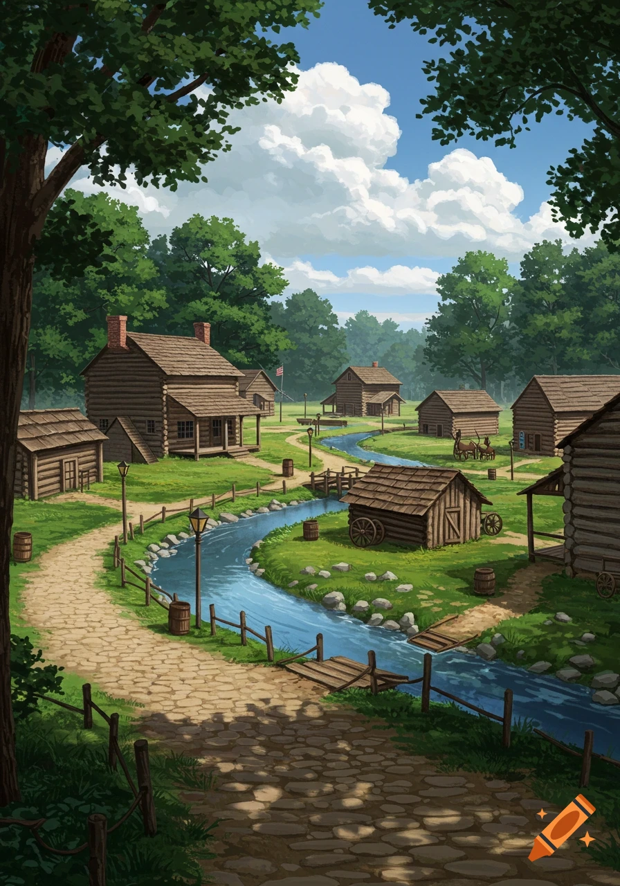 An illustration of a historical log cabin village with a river, cobblestone paths, and green trees under a blue, cloudy sky.