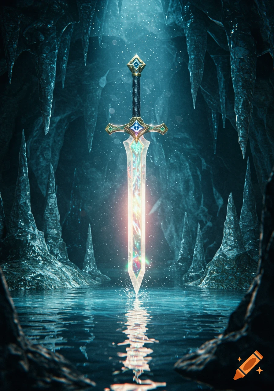 A glowing, ornate fantasy sword stands upright in still water inside a dark, icy cave with stalactites and snow dust.