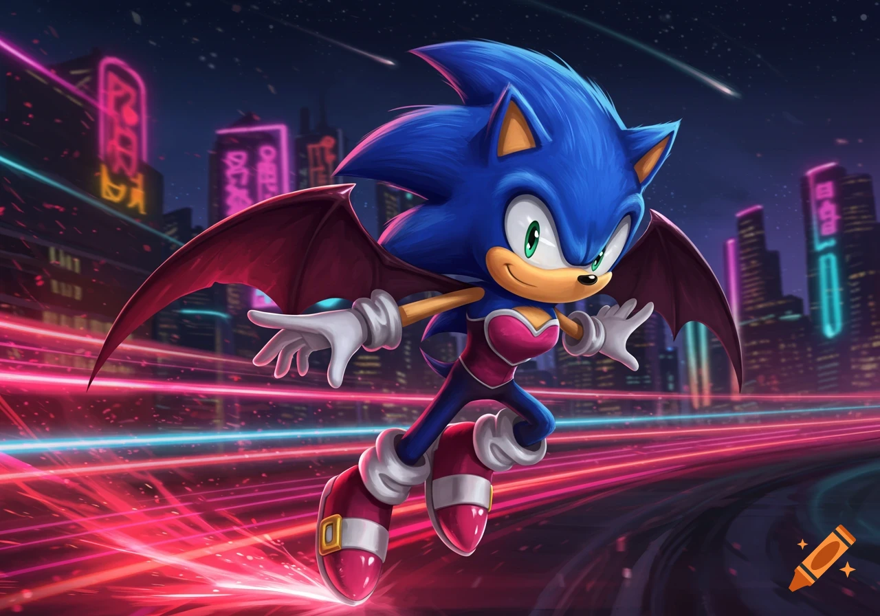 Sonic the Hedgehog, wearing a pink heart-shaped top and bat wings (Rouge the Bat costume), flies through a neon-lit futuristic city at night with speed lines.