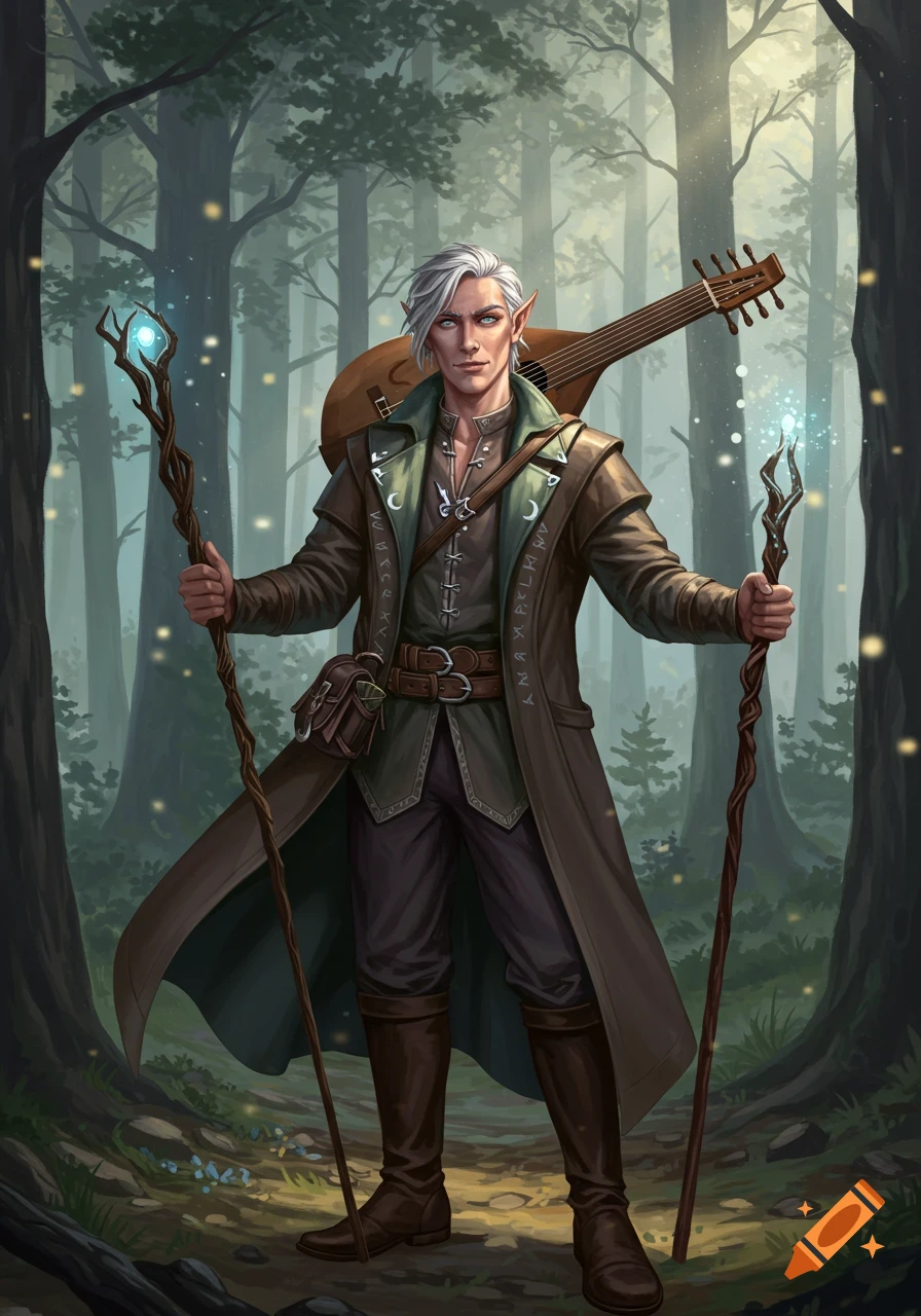 A silver-haired male half-elf wizard in a duster coat, holding two glowing wands, with a lute, standing in an enchanted forest. Digital illustration.