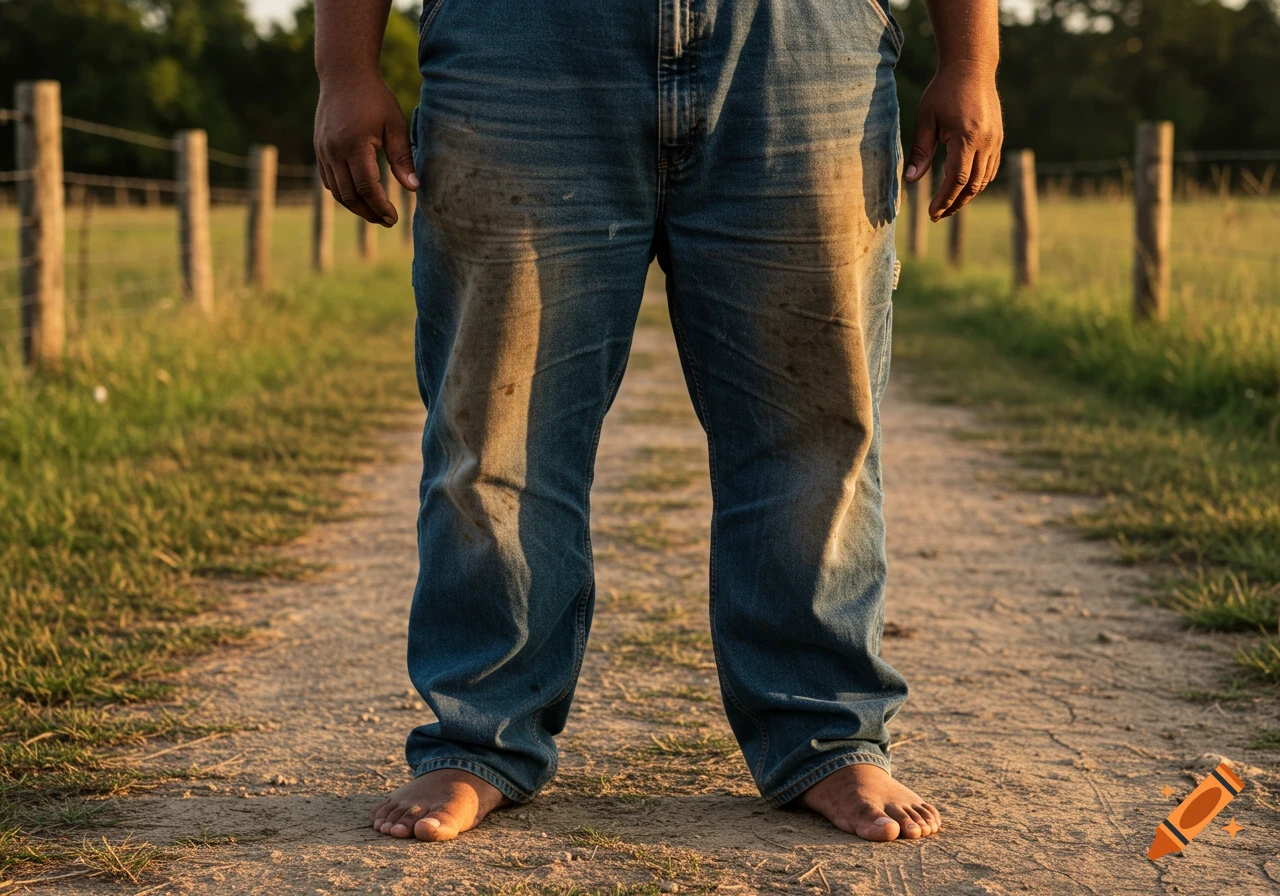 A heavy-set person in dirty blue overalls stands barefoot on a dirt path, with a rural field and fence in the background, photorealistic.