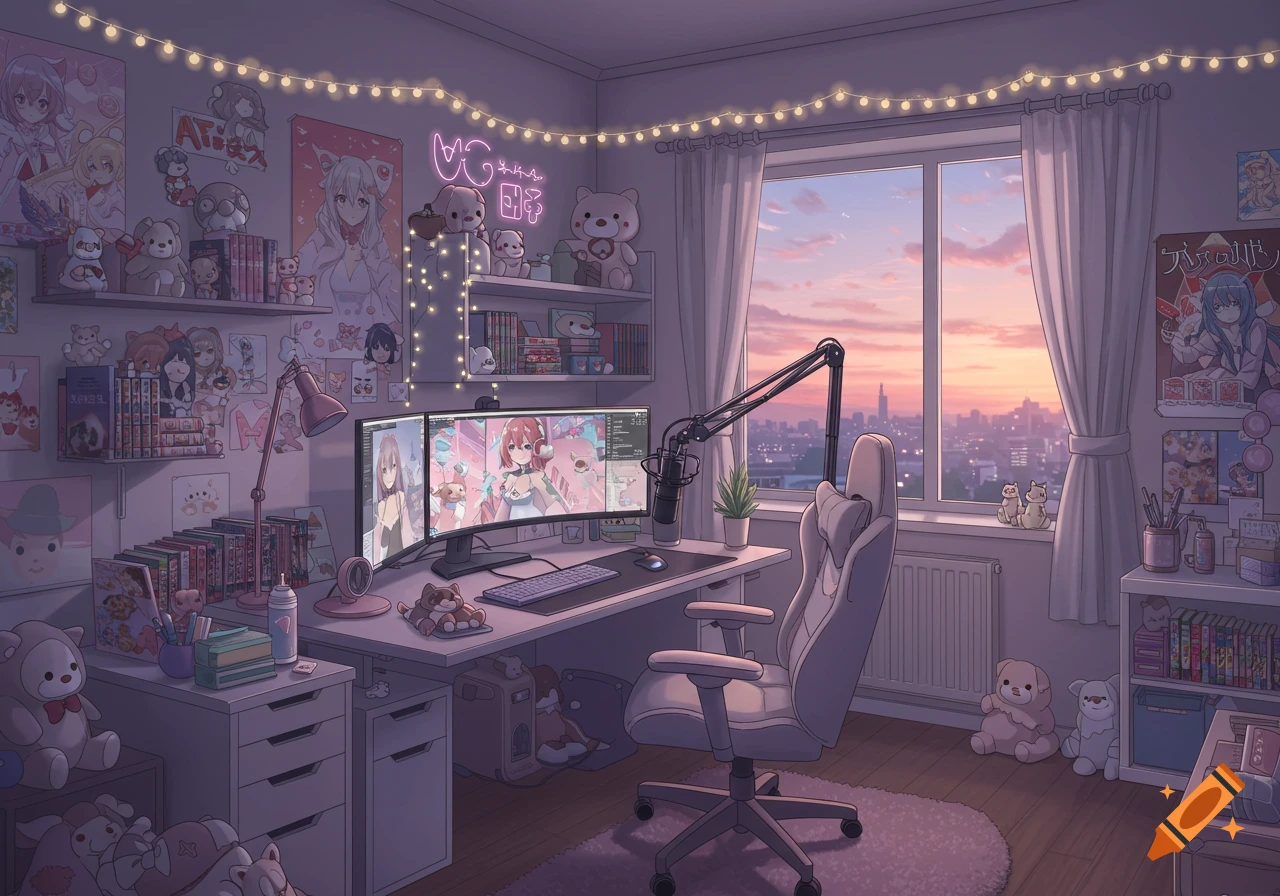An aesthetic anime-style room with a gaming setup, multiple monitors, a microphone, string lights, and posters, viewed at sunset.