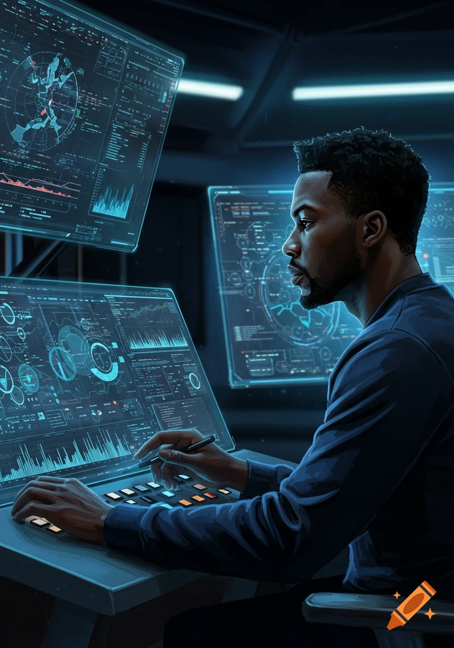 A Black man in a dark room monitors multiple holographic computer screens filled with data, charts, and graphs, with one hand on a digital panel and the other holding a stylus. Digital art style.