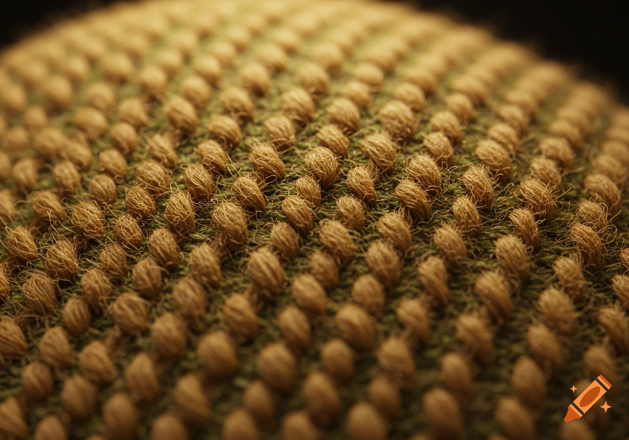 Close-up, detailed view of a textured fabric, featuring brown looped yarn against a green woven background.