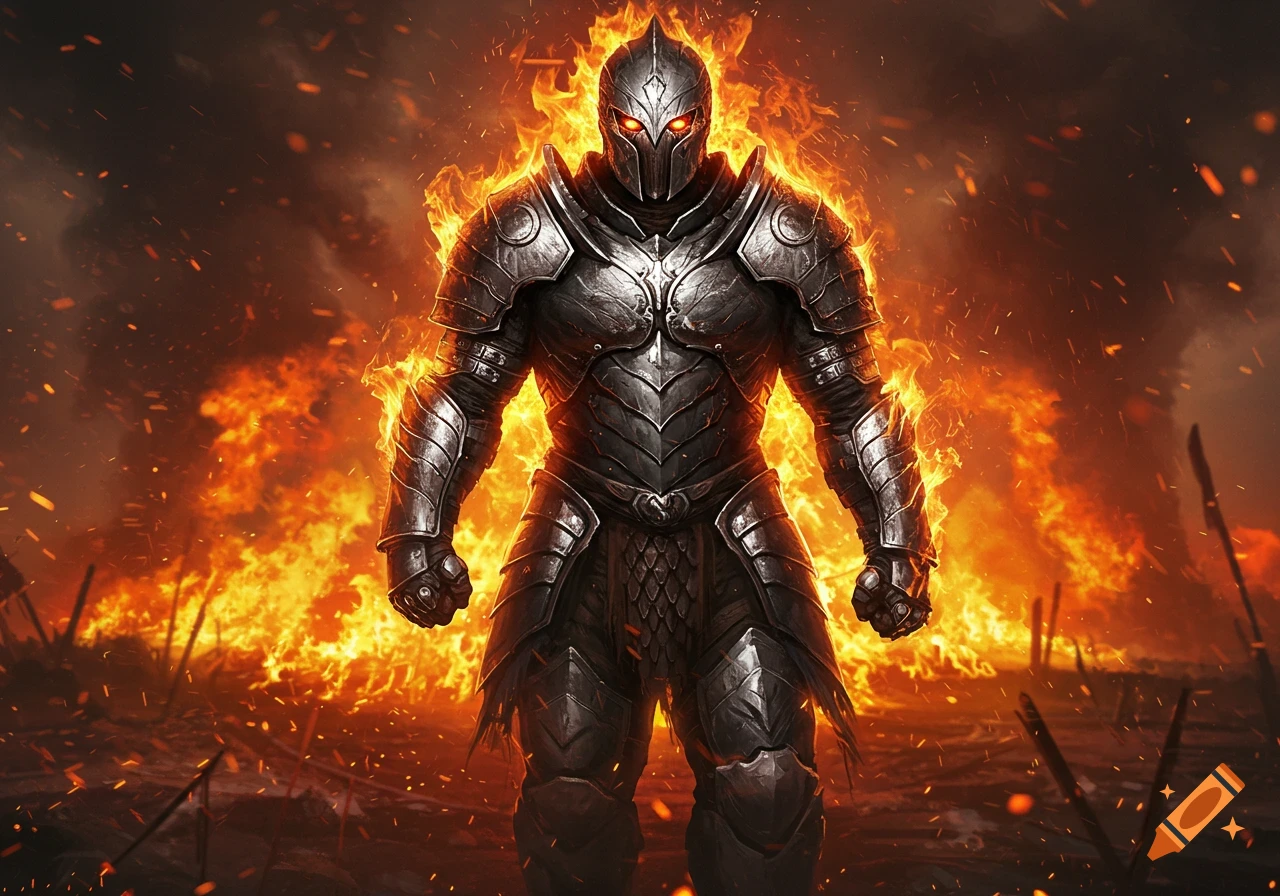 A heavily armored warrior with glowing red eyes stands engulfed in raging flames against a chaotic, fiery landscape.