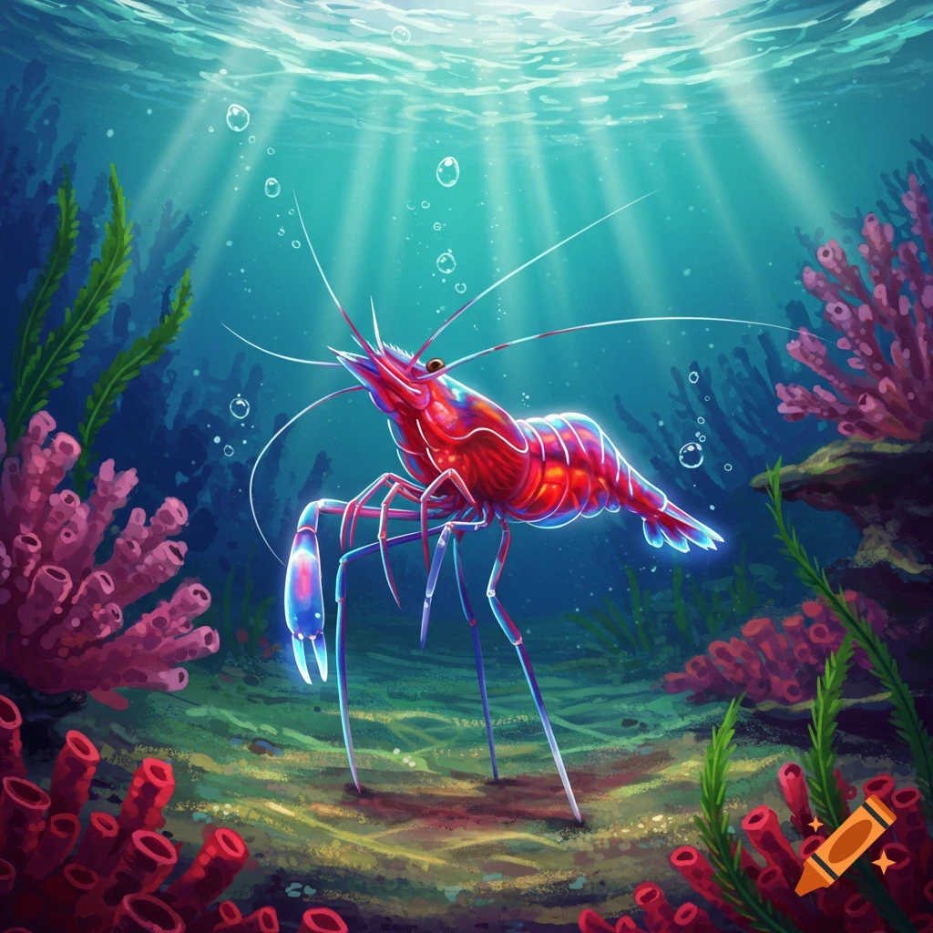 Vibrant bioluminescent rainbow shrimp with long legs stands on the ocean floor amidst colorful coral and plants, with sun rays.