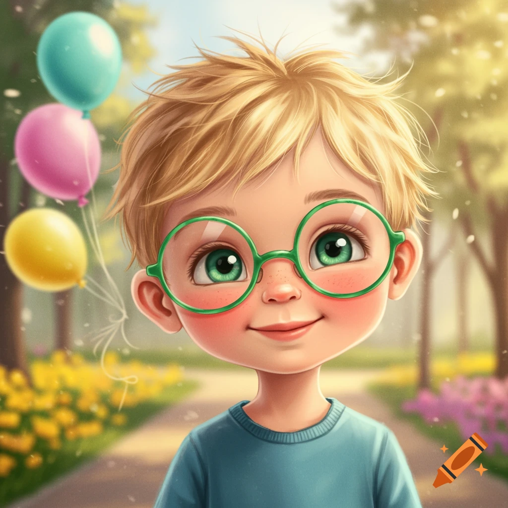 A cute blond cartoon boy with green glasses and rosy cheeks smiles, holding balloons in a sunny park.