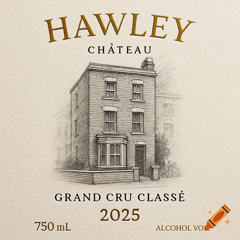 A beige wine label with gold text "HAWLEY" and "CHÂTEAU" at the top, above a detailed black-and-white sketch of a London terraced house. Below the illustration is "GRAND CRU CLASSÉ", "2025", "750 mL", and "ALCOHOL VOL."