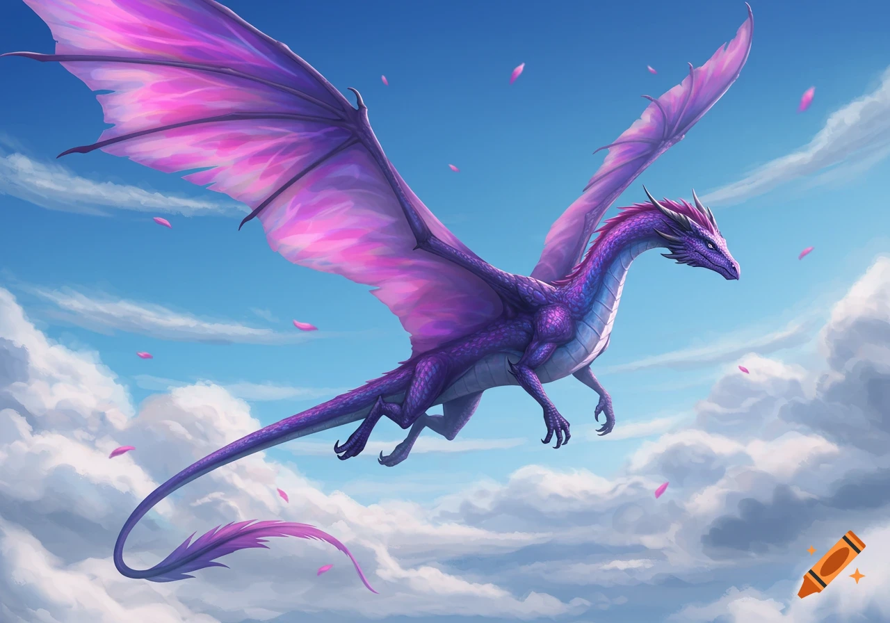A vibrant purple and pink dragon with large wings soars through a bright blue sky with white clouds and pink petals.