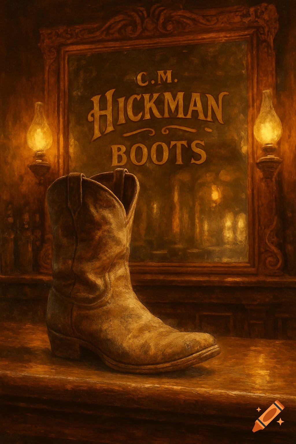 A rustic cowboy boot sits on a saloon bar counter, with a mirror reflecting 'C.M. HICKMAN BOOTS' and two oil lamps, in a painterly style.