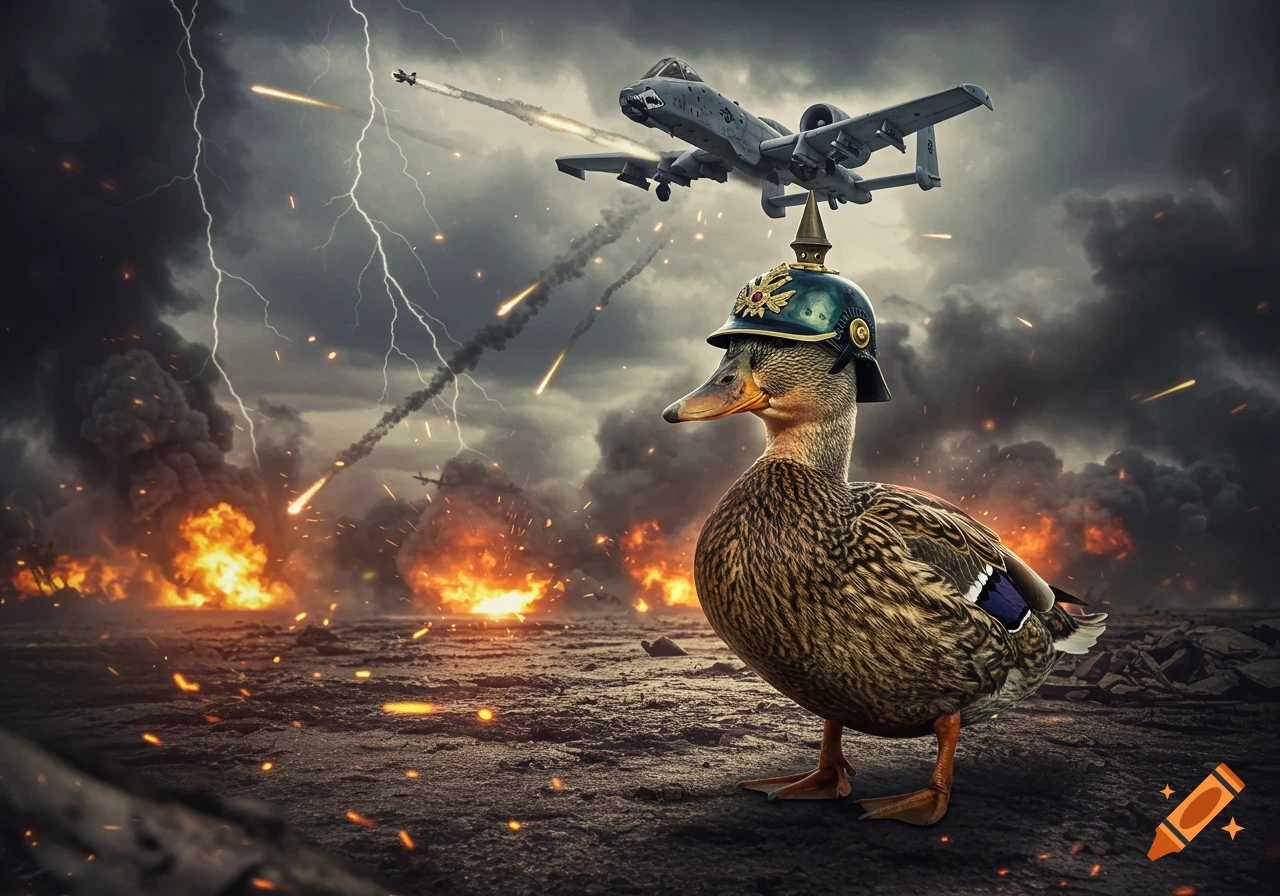A duck wearing an old German spiked helmet stands in a chaotic war zone with explosions, lightning, and an A10 Warthog flying overhead, firing.