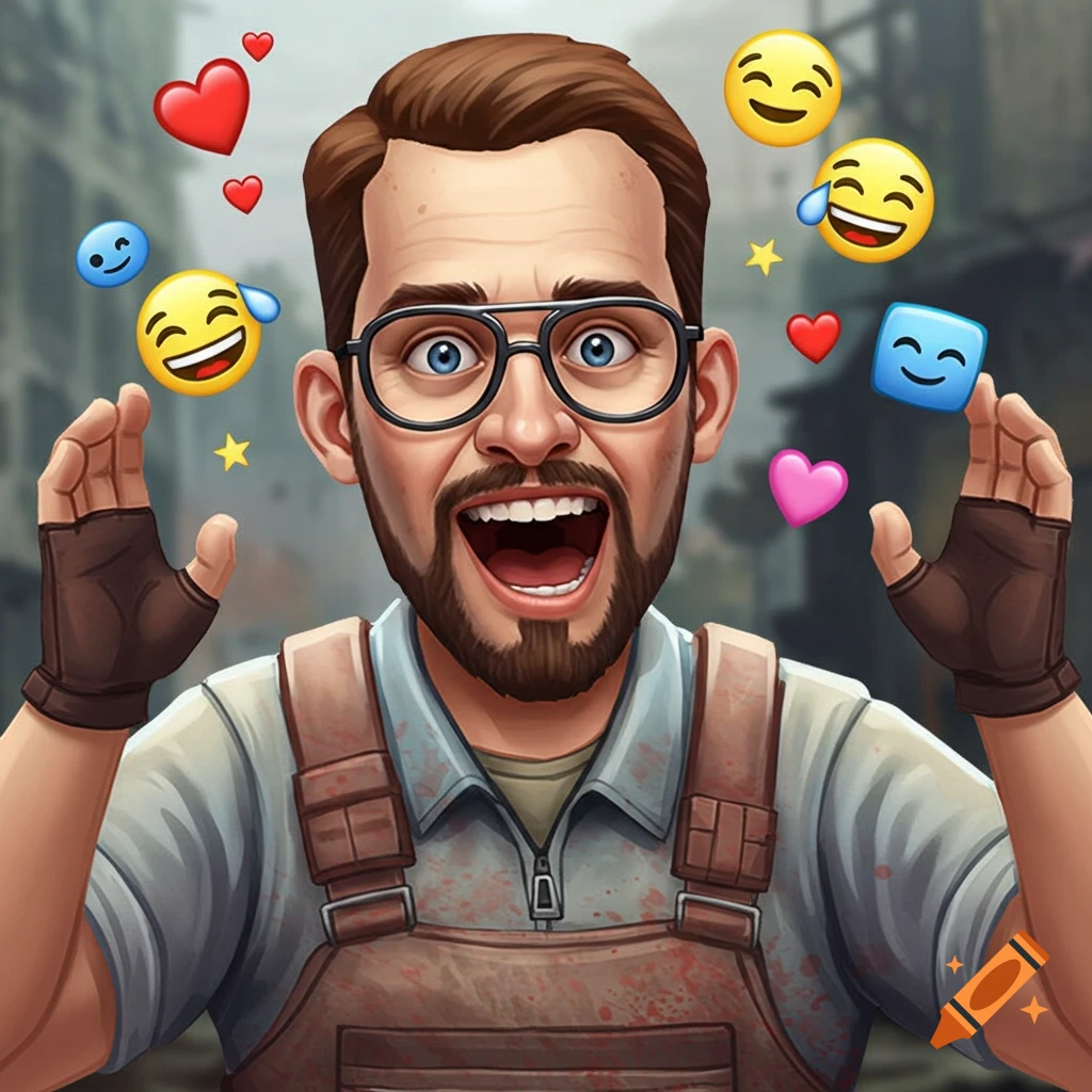 A cartoon man resembling Coach from L4D2, with glasses and a beard, grins widely with hands raised, surrounded by floating emojis.
