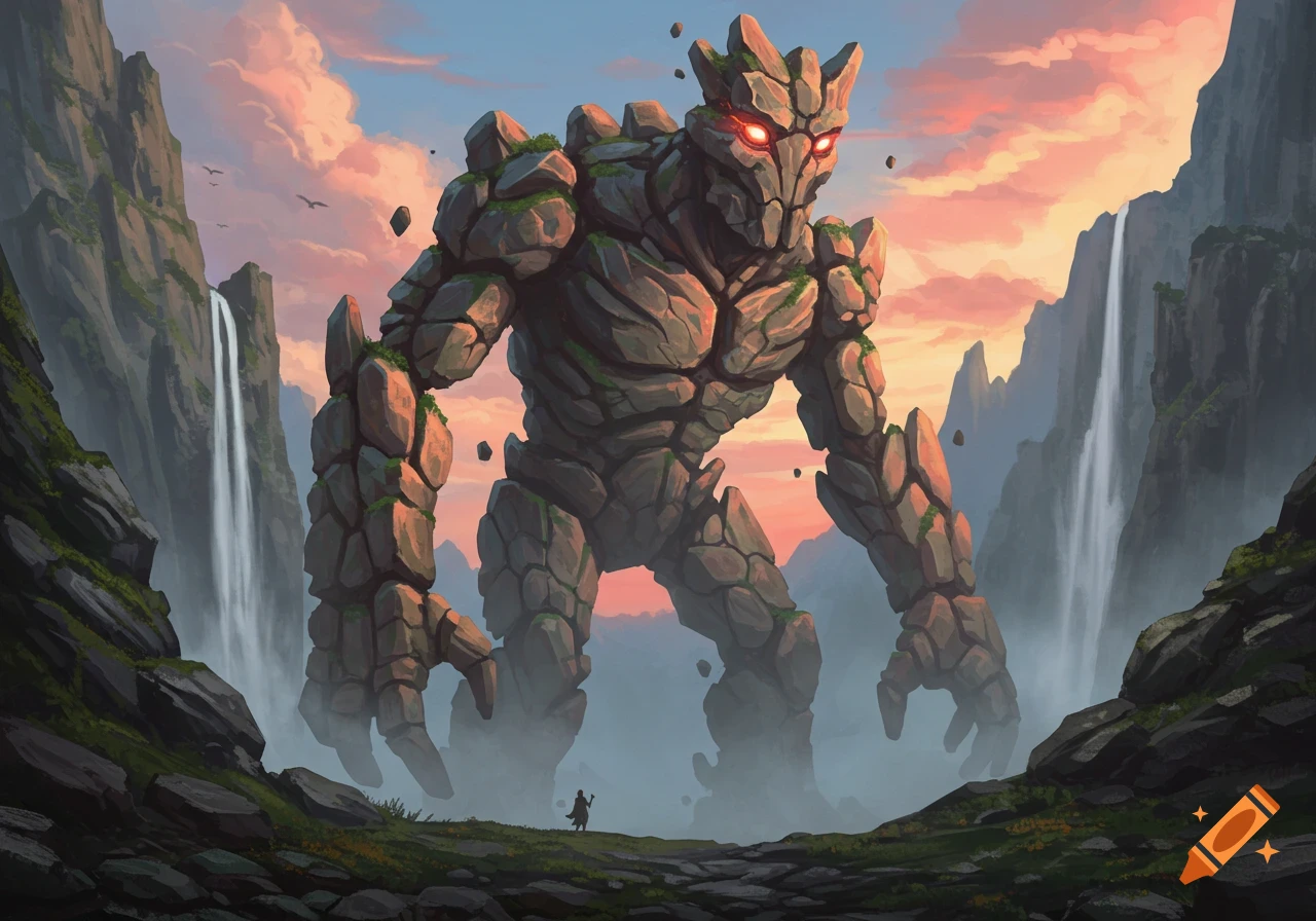 A colossal rock monster with glowing red eyes looms over a tiny figure in a dramatic mountain landscape with waterfalls at sunset.