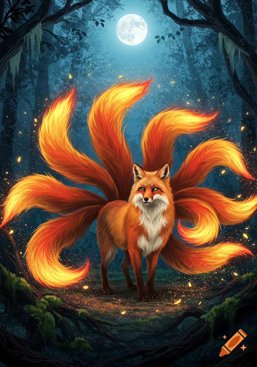 A majestic nine-tailed fox with glowing orange tails stands in a mystical dark forest under a full moon.
