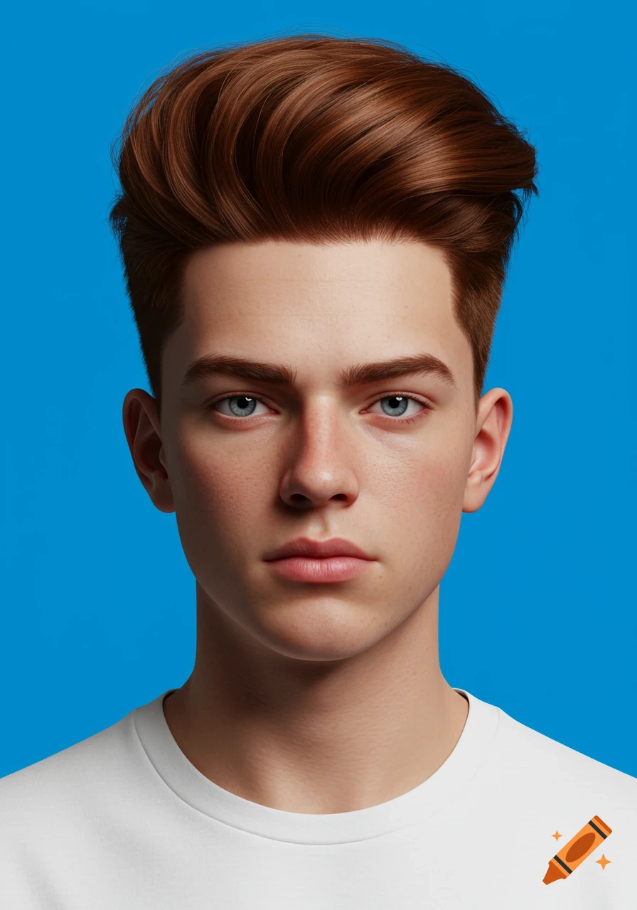 A photorealistic portrait of a young man with a voluminous pompadour, light blue eyes, and a serious expression, against a bright blue background.