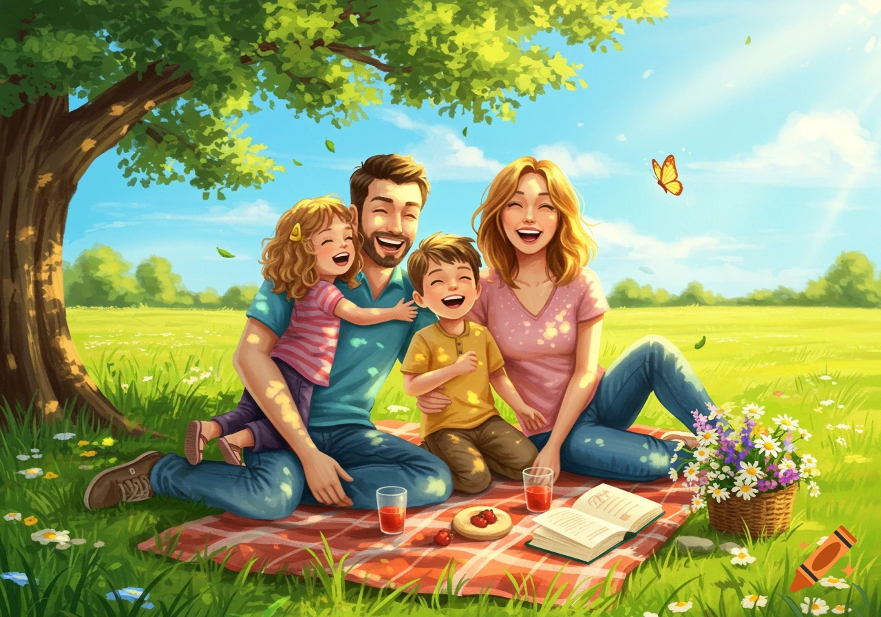 Cheerful illustration of a happy family, parents and two children, laughing at a picnic in a sunny meadow under a tree.