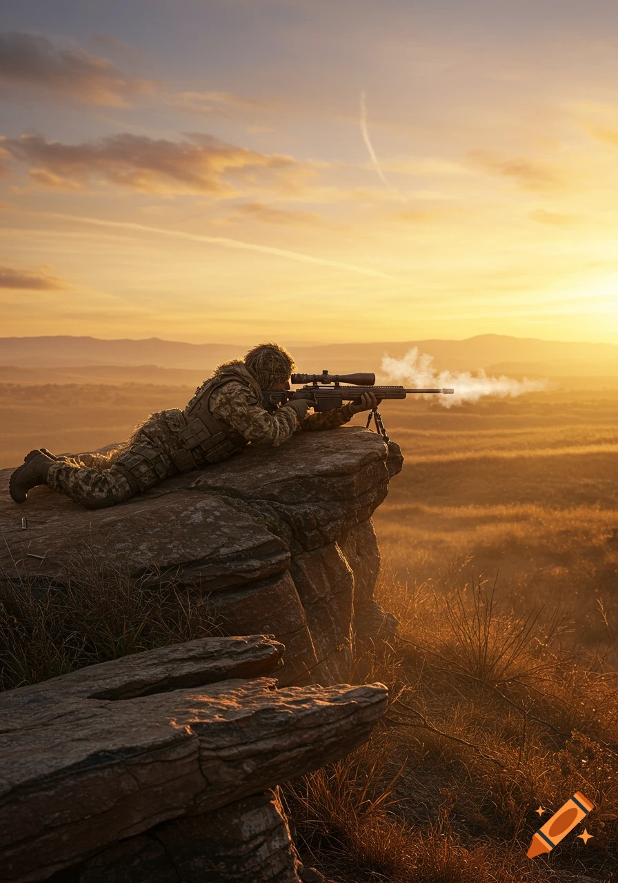 A sniper in camouflage lies prone on a rocky cliff, firing a rifle with a muzzle flash at sunrise over a golden landscape.