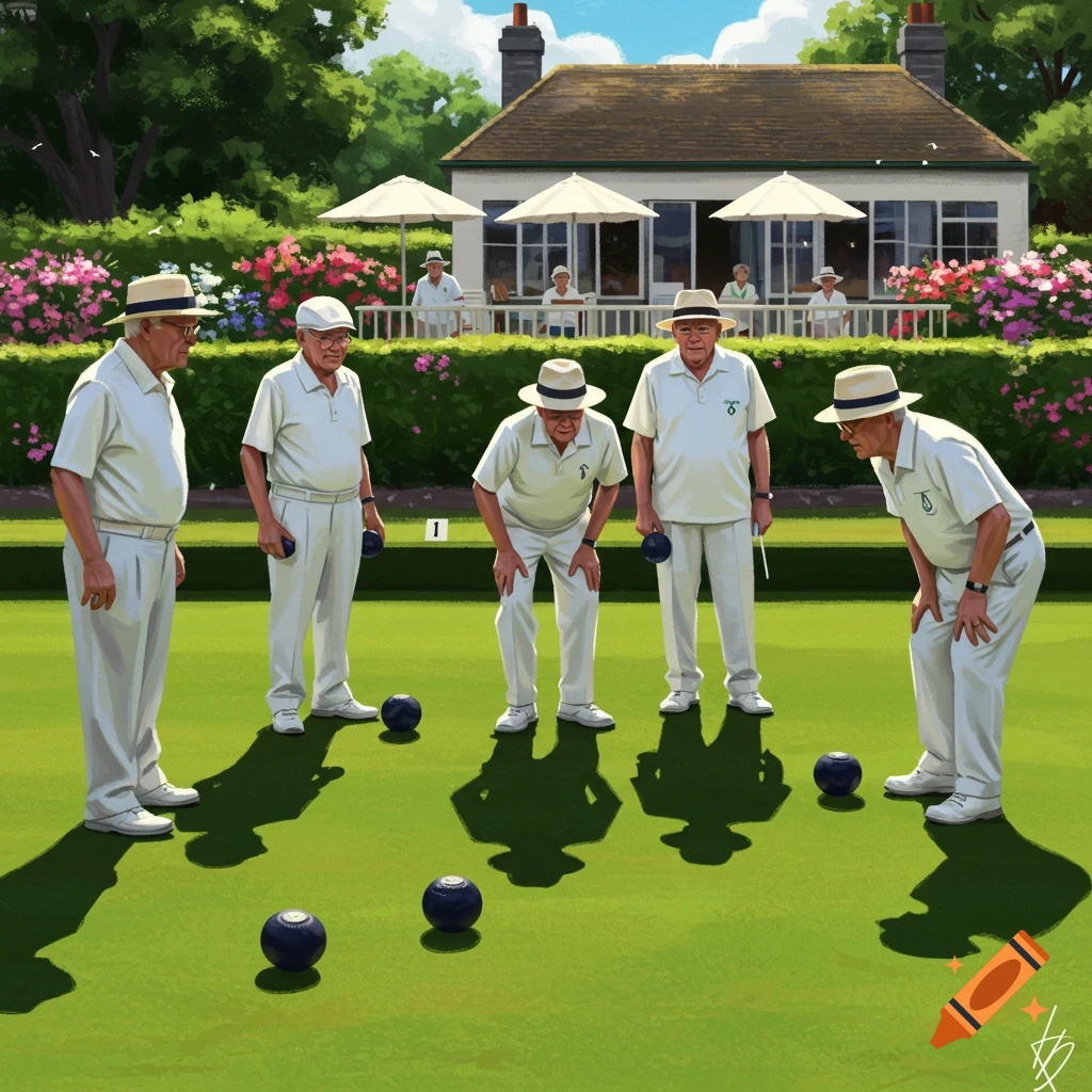 A group of elderly men in white uniforms play lawn bowls on a green field in front of a clubhouse on a sunny day in a painterly style.