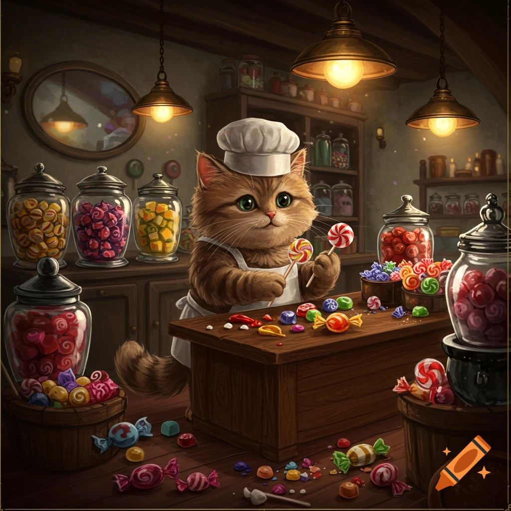 A fluffy brown cat wearing a chef's hat and apron holds two lollipops amidst various colorful candies in a whimsical candy shop.