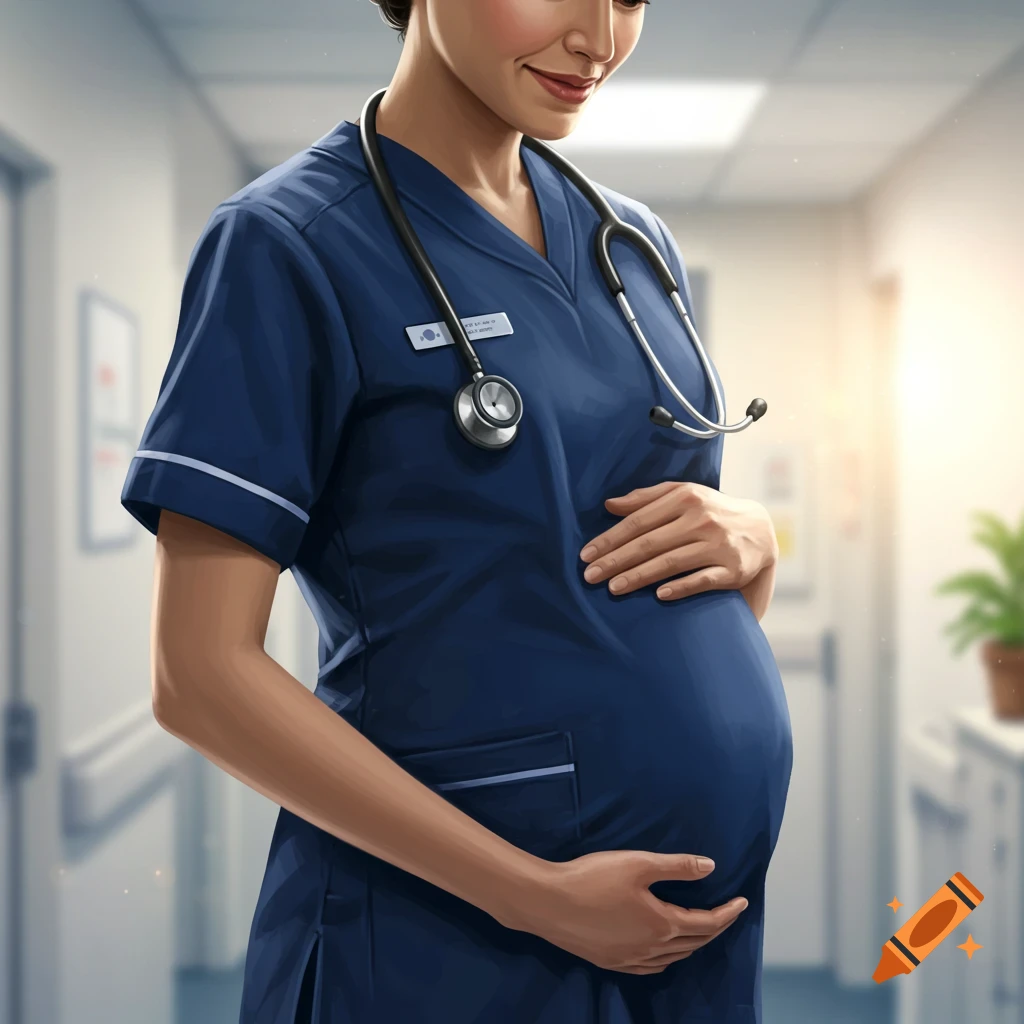Illustration of a pregnant nurse in a blue uniform with a stethoscope, holding her belly in a hospital hallway.