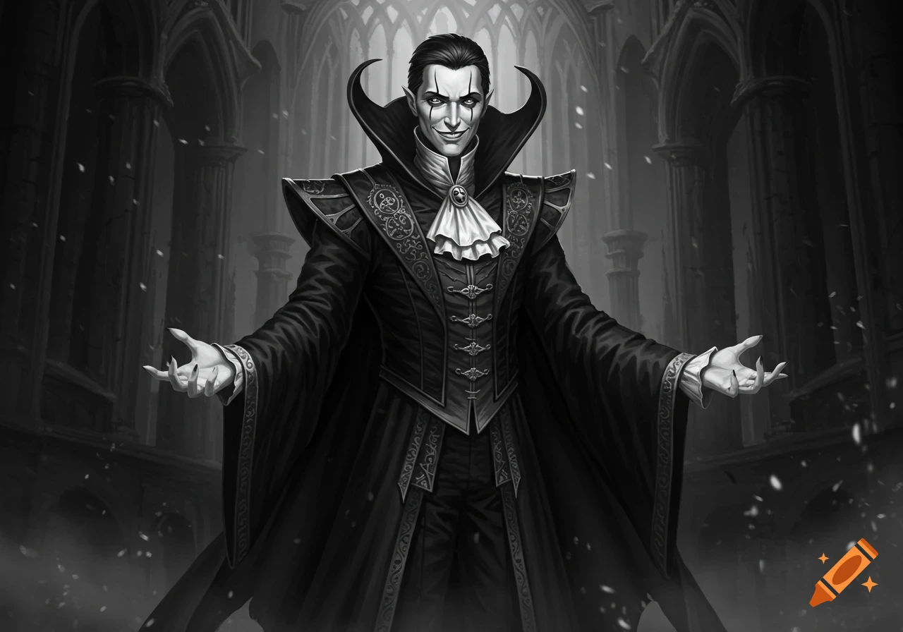 Black and white illustration of a sinister male vampire in gothic attire, smiling with open hands in a dark hall.