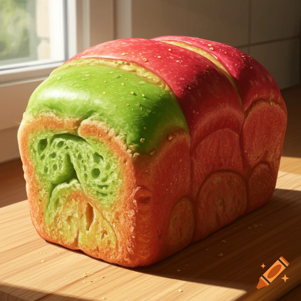 A rectangular loaf of bread with red and green sections on top, resembling an apple, sits on a wooden cutting board.