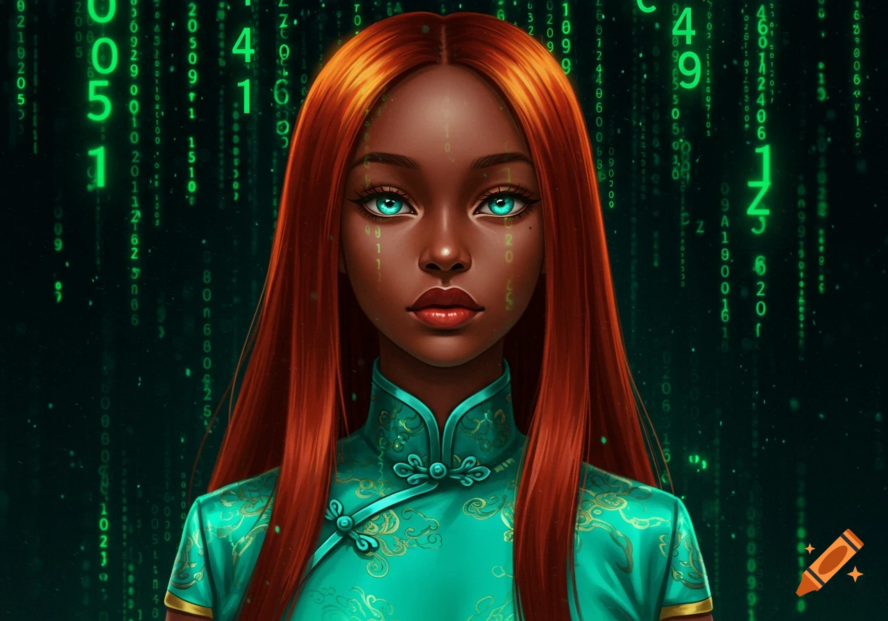 A digital art portrait of a Black woman with long auburn hair and glowing turquoise eyes, wearing a teal Chinese dress, against a dark background with falling green numbers.