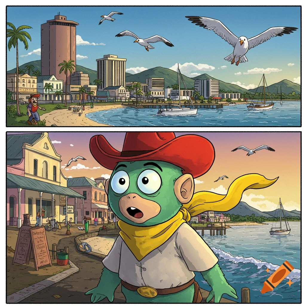 Cartoon two-panel image shows a green monkey in a cowboy hat in a coastal town, with seagulls and boats.
