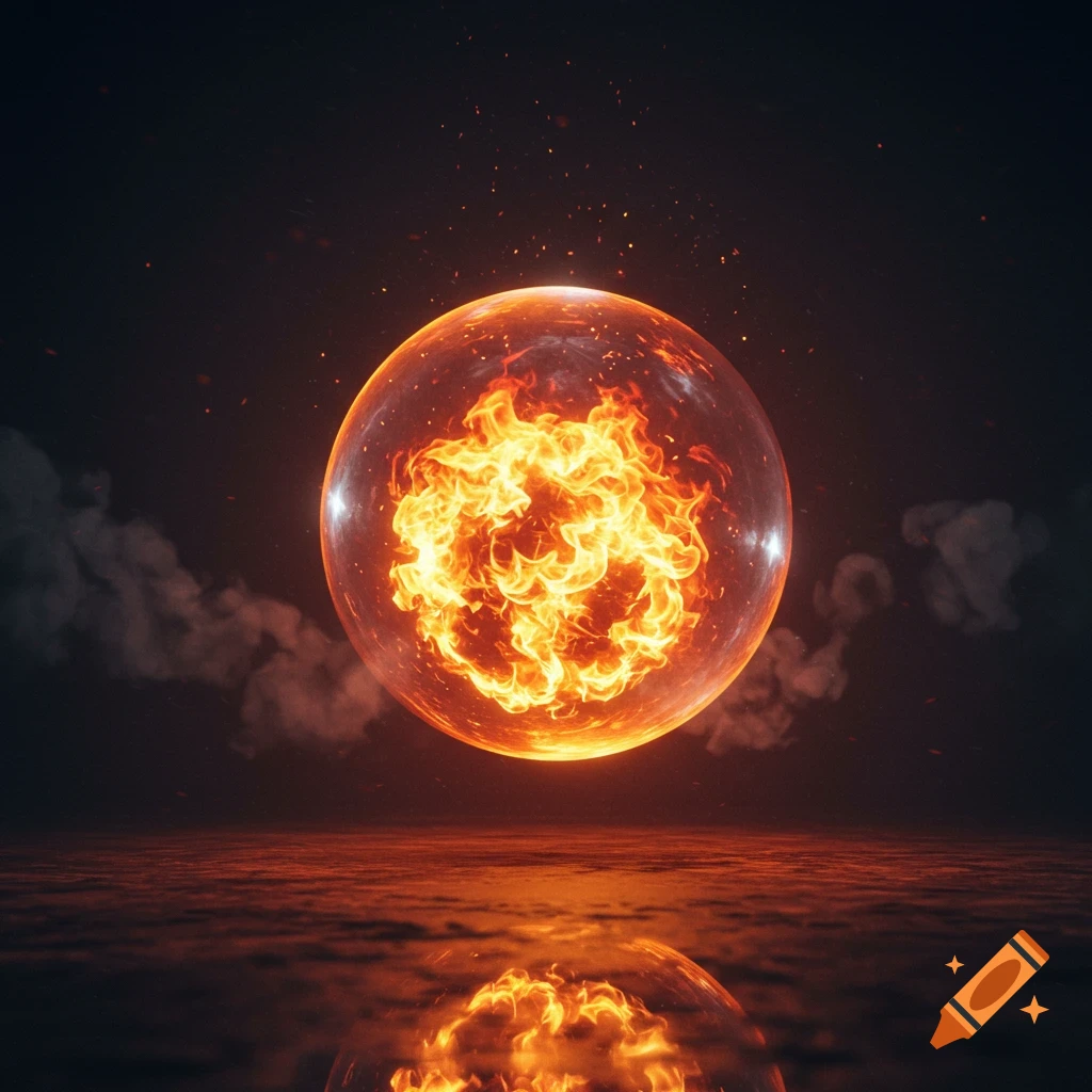 A glowing fiery orb suspended over a reflective surface in a dark, smoky environment.
