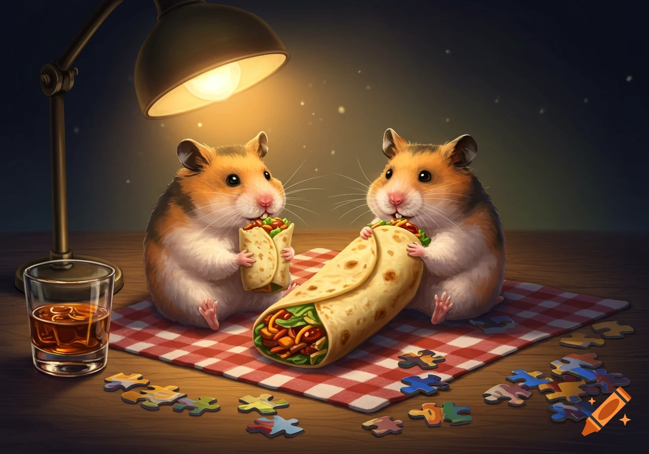 Two illustrated hamsters eating burritos and drinking bourbon under a lamp, with jigsaw pieces.