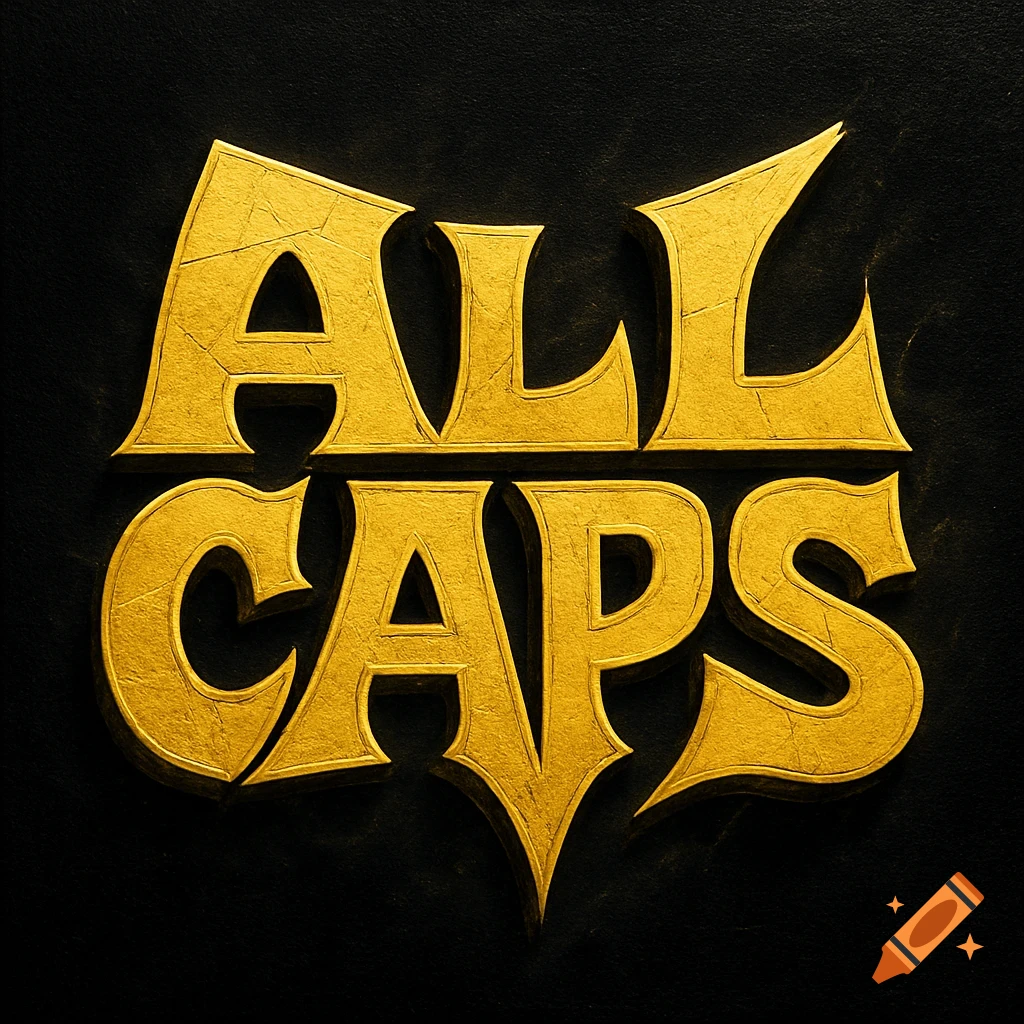 Golden textured text spelling 'ALL CAPS' in a stylized, cracked font on a dark background.