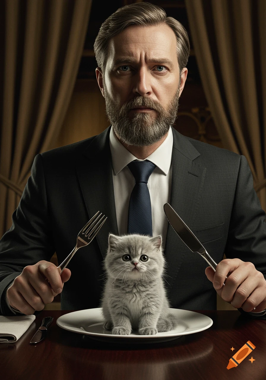 A stern-faced man in a suit holds a fork and knife over a small kitten sitting on a plate at a dining table, looking directly at the viewer.
