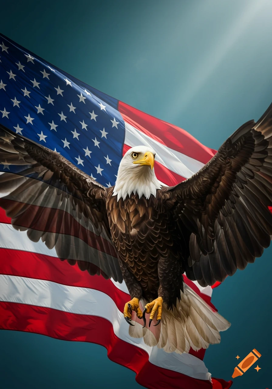 A majestic bald eagle with outstretched wings soars in front of a waving  American flag under a bright sky. on Craiyon, image size:896x1280