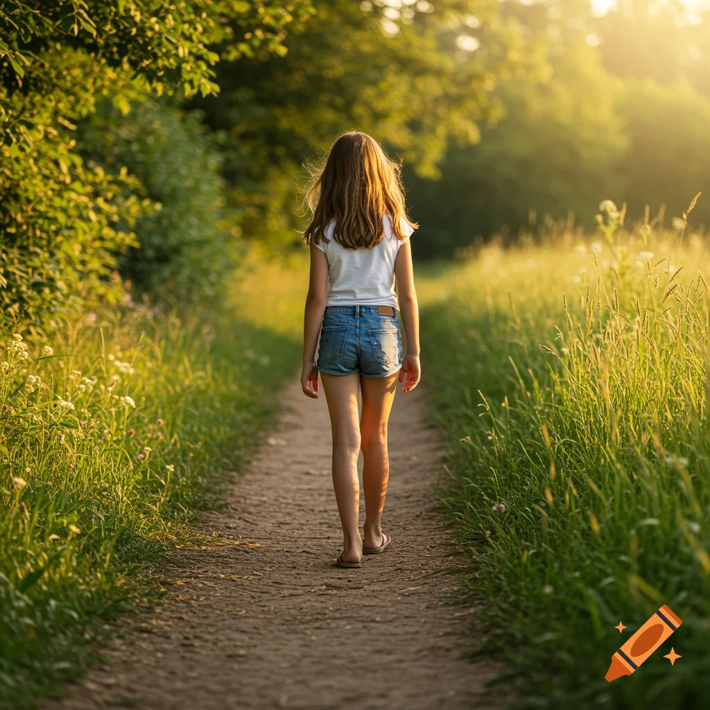 Photorealistic young girl with long brown hair, wearing a white t-shirt and jean shorts, walks away on a dirt path through sunlit tall grass and trees.