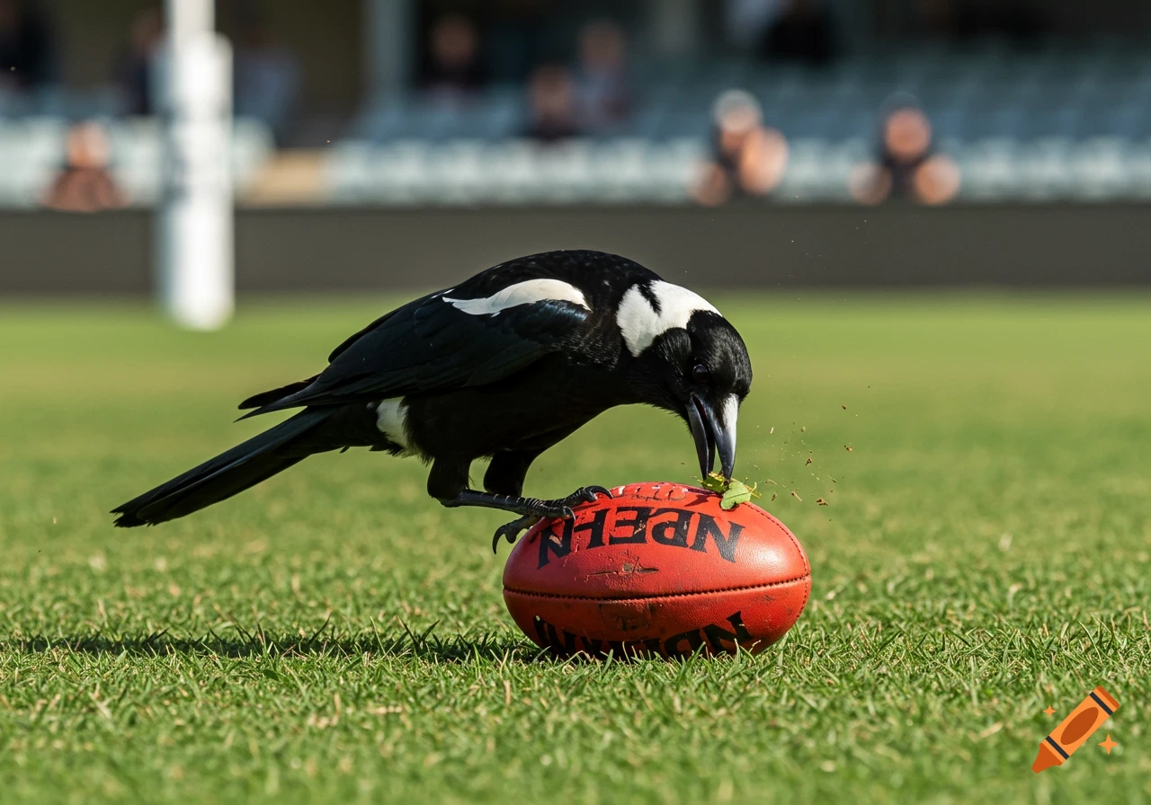 A black and white magpie pecking at a red Australian Rules Football on a grassy field.