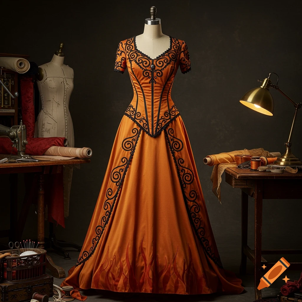 An orange gothic dress with black trim and flame patterns on a tailor's dummy in a vintage sewing workshop.
