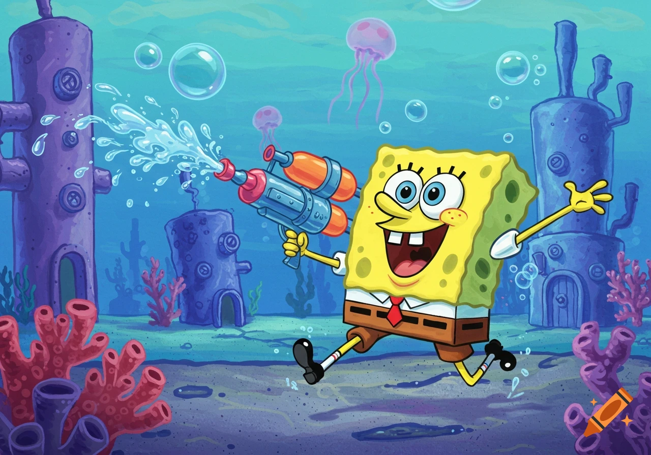SpongeBob SquarePants gleefully runs underwater, spraying water from a bright orange and blue water gun. Cartoon style.