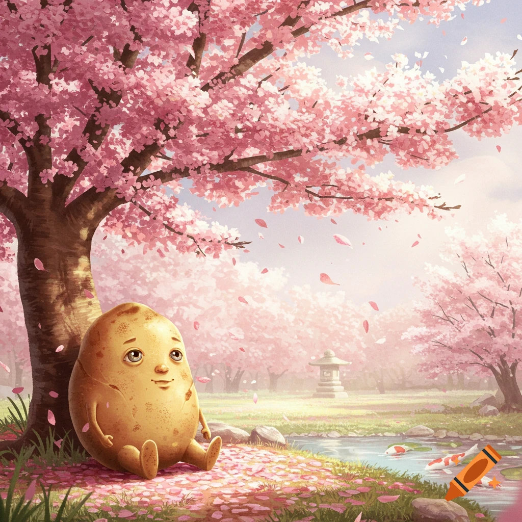 A whimsical potato character sits under a pink cherry blossom tree, next to a pond with koi fish.