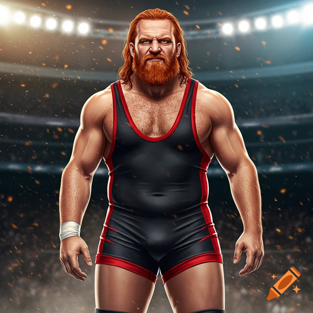 A muscular, red-haired man with a long beard wears a black and red wrestling singlet, standing in a brightly lit arena.