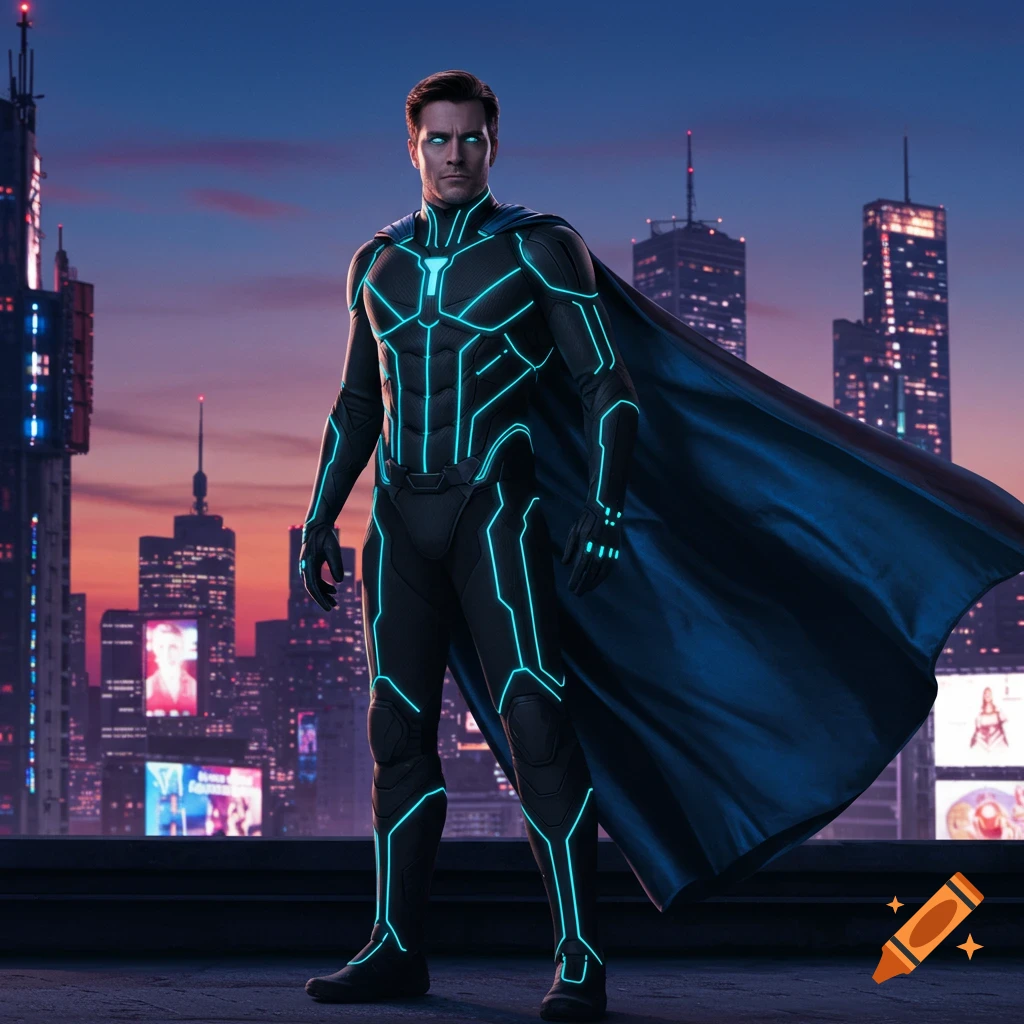 Photorealistic image of a man in a black and glowing blue cyberpunk superhero suit with a cape, standing on a rooftop overlooking a futuristic city at sunset.