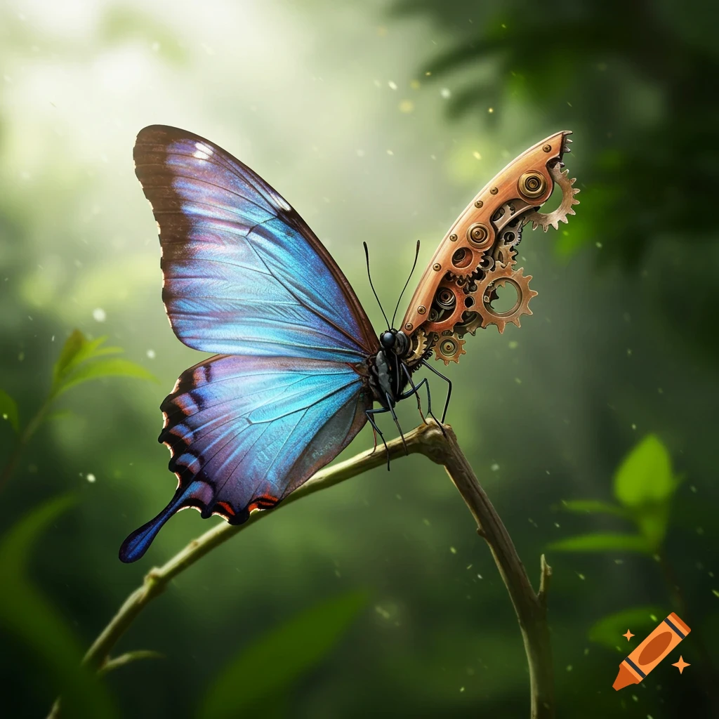 A butterfly with one iridescent blue wing and one intricate steampunk mechanical gear wing, perched on a branch in a sunlit forest.