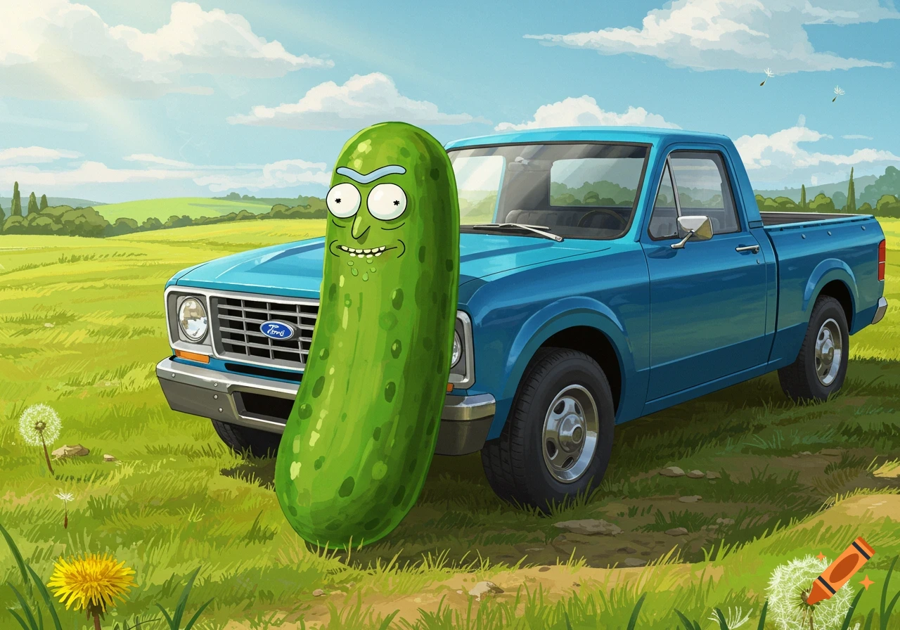 Pickle Rick leans against a blue Ford pickup truck in a sunny green field with dandelions, in a cartoon style.