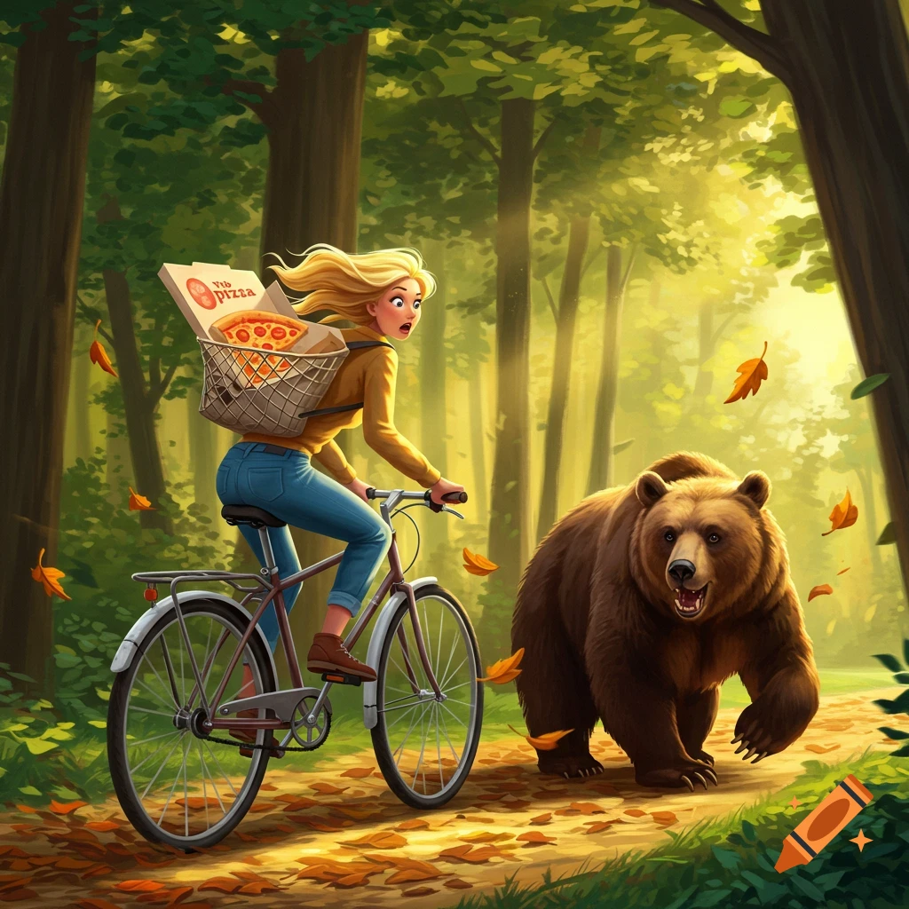 A cartoon blonde woman on a bicycle with pizza in her basket is being chased by a bear through a sunny forest.