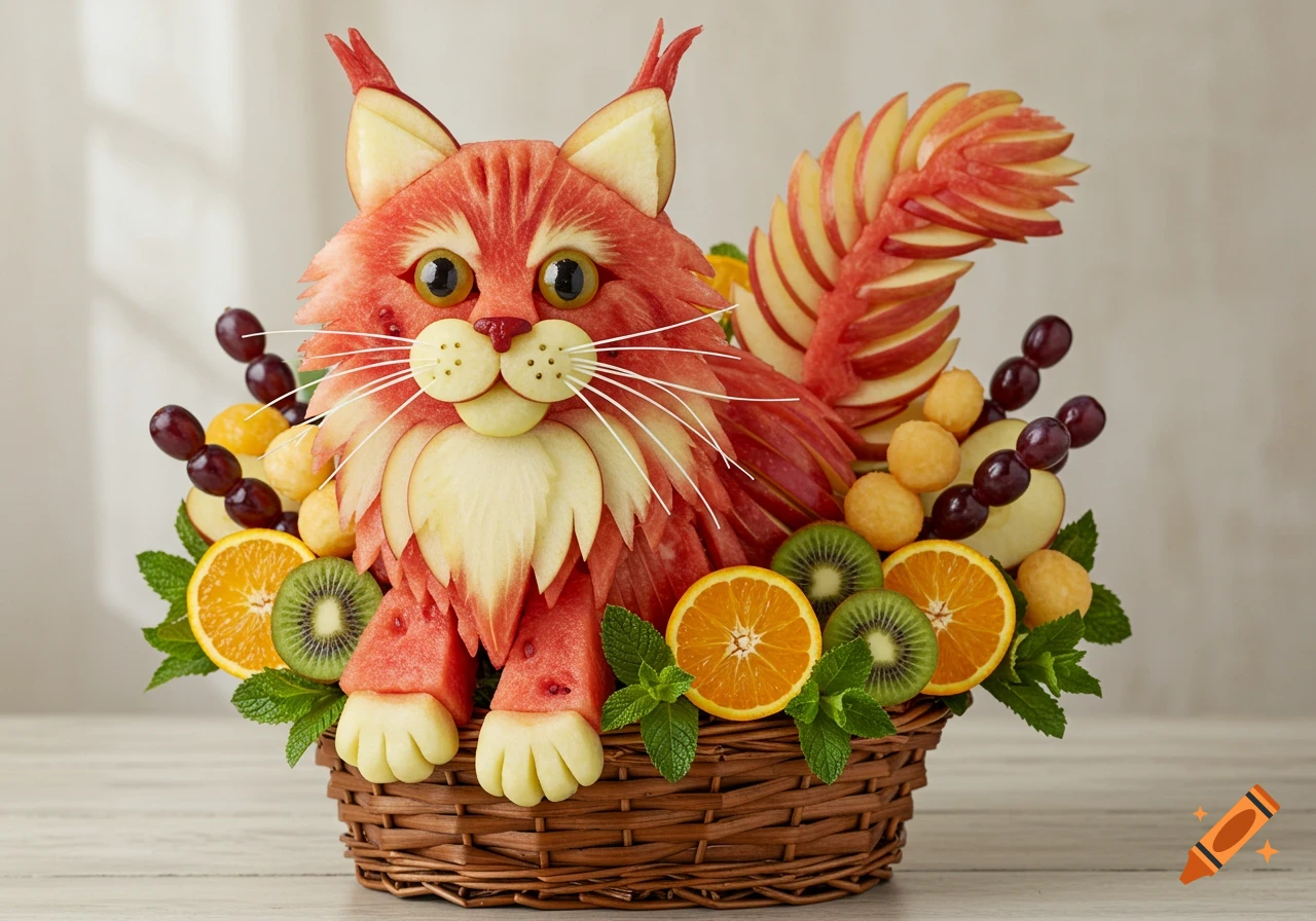 Photorealistic fruit art arrangement resembling a Maine Coon cat in a basket, made of carved watermelon, apples, oranges, kiwis, and grapes.