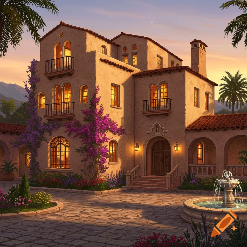 A beautiful Spanish three-story mansion at sunset, with purple bougainvillea, palm trees, and a courtyard fountain.