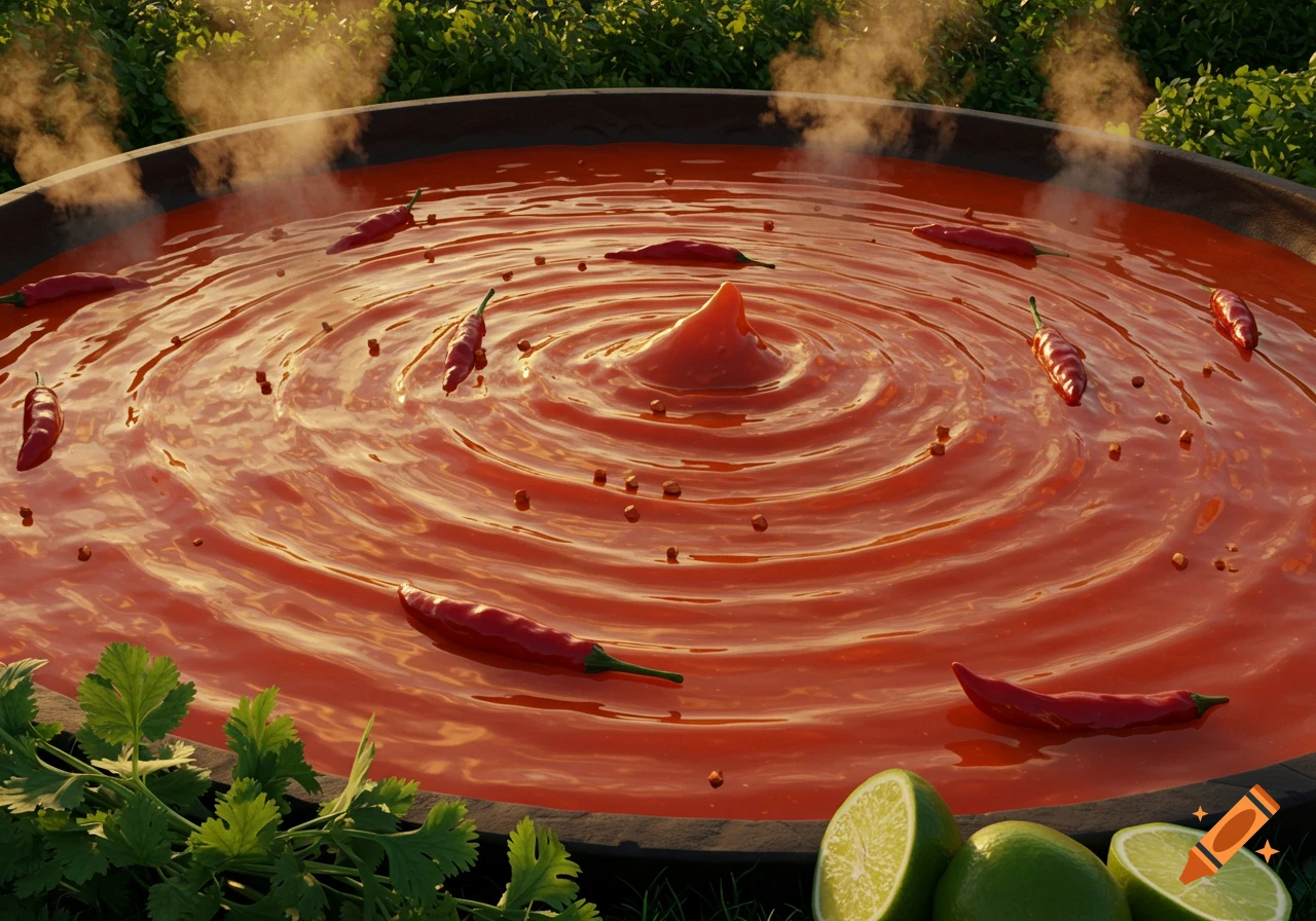 A large, shallow pool of steaming red chili sauce with ripples, featuring floating red chili peppers, fresh cilantro, and sliced limes.
